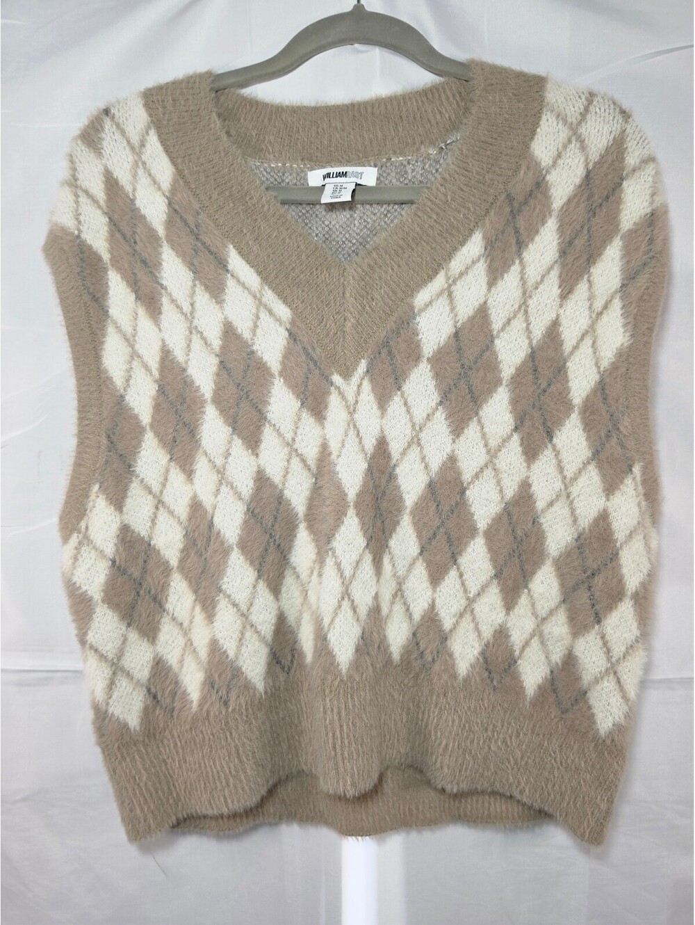 William Rast Women's M Argyle Sweater Vest Tan Cream Gray Fuzzy Knit